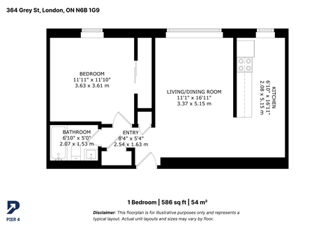 Floor plan for 1 bed, 1 bath, 586 sqft